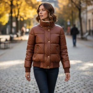 Women’s Brown Sheepskin Puffer Jacket – Genuine Shearling Leather Winter Jacket | Bulk Pricing Available